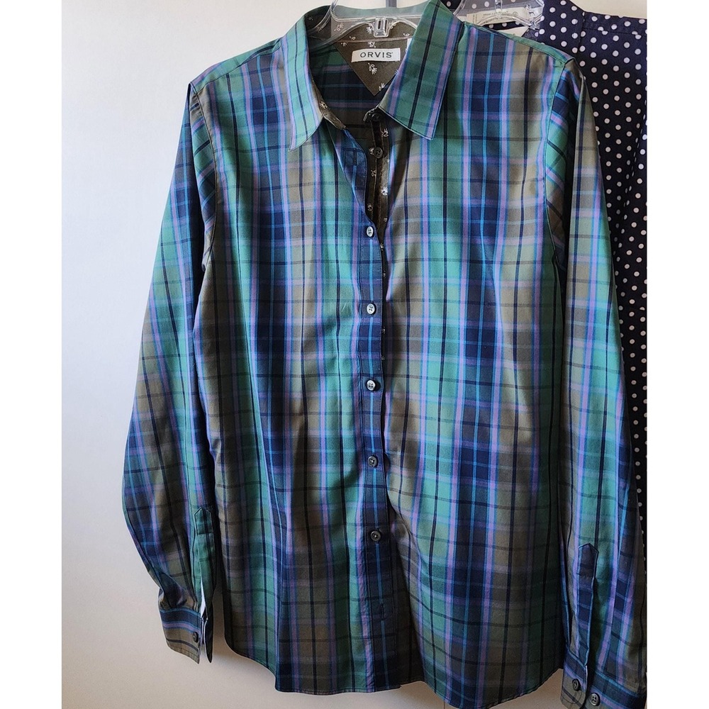16 Orvis Button Up Top 100% Cotton Plaid Long Sleeve Collared Top, Size 16
